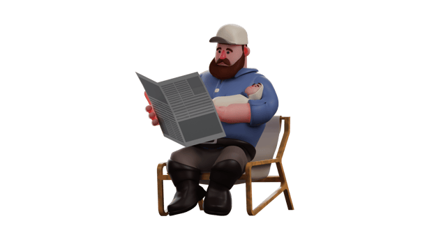 3D Illustration. Amazing Father 3D cartoon character. Dad is guarding the baby in his arms. Dad read the newspaper while sitting casually. Father enjoyed his free time. 3D cartoon character png