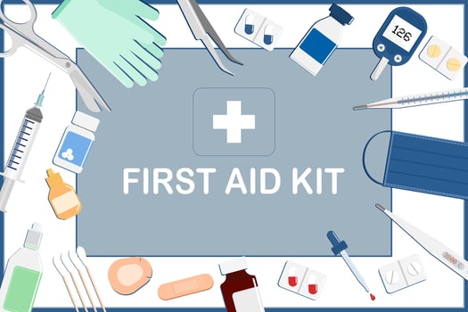 first aid kit background with medical equipments.medical supplies,syringes,bandages,medicine,digital thermometers,adhesive tape,forceps,tweezers,scissors surgical masks,gloves. vector