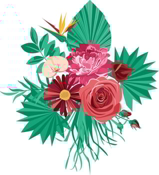 a bouquet of flowers decorated with roses and tropical leaves vector