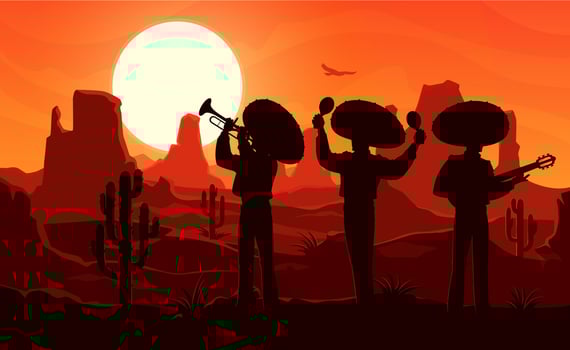 Mexican mariachi musicians silhouettes at desert vector