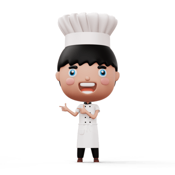 Happy kid chef wearing chef uniform pointing finger, 3d rendering png