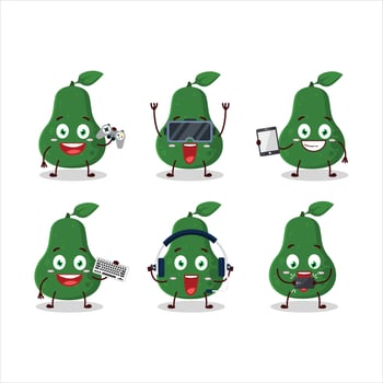 Avocado cartoon character are playing games with various cute emoticons vector
