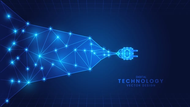 Blue power plug. energy connection concept. line and particle style design vector