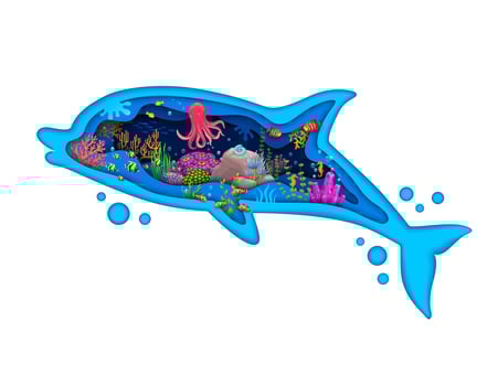 Dolphin silhouette with sea paper cut underwater vector