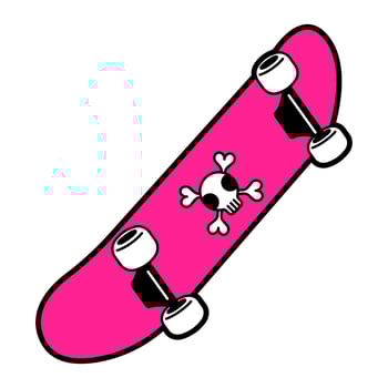 Flat bright vector illustration of a skull and crossbones print skateboard. Pink and black