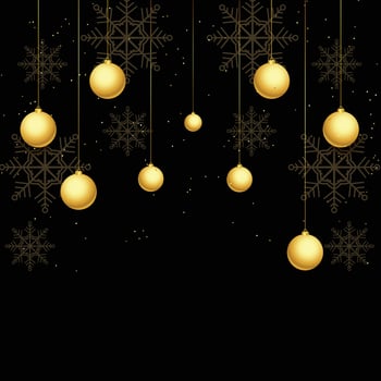 Christmas luxury holiday banner with gold handwritten Merry Christmas and Happy New Year greetings and gold colored Christmas balls. Vector illustration isolated on black background