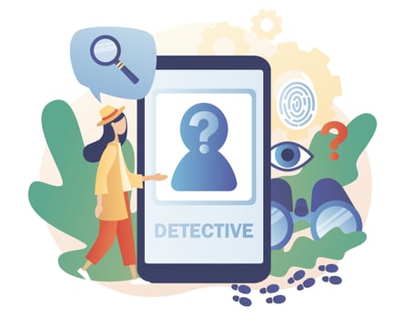 Detective agency. Private detective solving crime and search criminals. Photos, notes, fingerprints and map attached. Searching evidences online. Modern flat cartoon style. Vector illustration