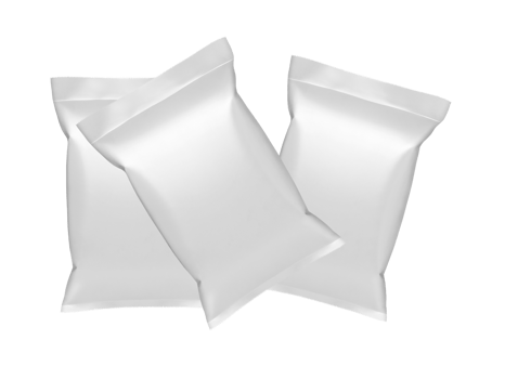 Empty white plastic and silver metallic foil envelopes for packaging design. isolated on white background  PNG transparent