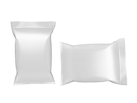 Empty white plastic and silver metallic foil envelopes for packaging design. isolated on white background  PNG transparent