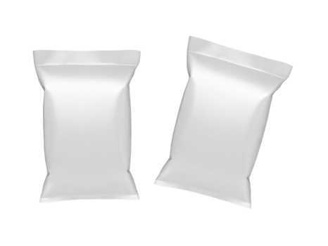 Empty white plastic and silver metallic foil envelopes for packaging design. isolated on white background  PNG transparent