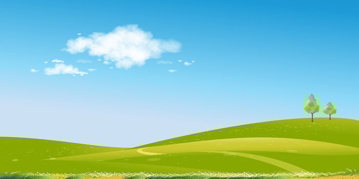 Spring Landscape Green fields,Mountain,Blue Sky and Clouds Background,Horizon peaceful rural nature Sunny day Summer with grass land.Cartoon Vector illustration for Spring and Summer banner