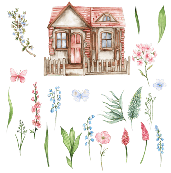 Wildflowers set and country house. png
