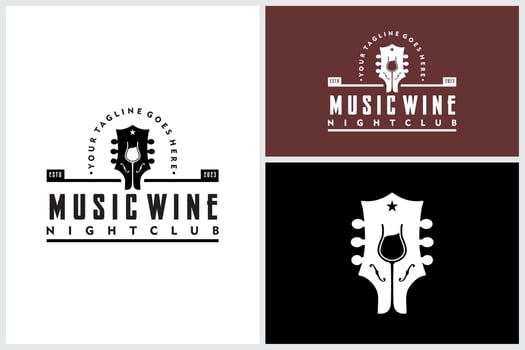 Glass Wine Guitar Live Music Concert for Bar Cafe Restaurant Nightclub Vintage Label logo design vector