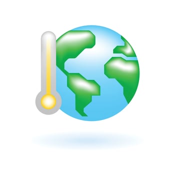 3D Global Warming Earth Thermometer Icon. Eco Sustainability Environmental Concept. Glossy Glass Plastic Color. Cute Realistic Cartoon Minimal Style. 3D Render Vector Icon UX UI Isolated Illustration.