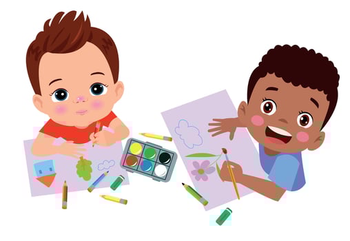 cute boy painting with watercolors and colored pencils vector