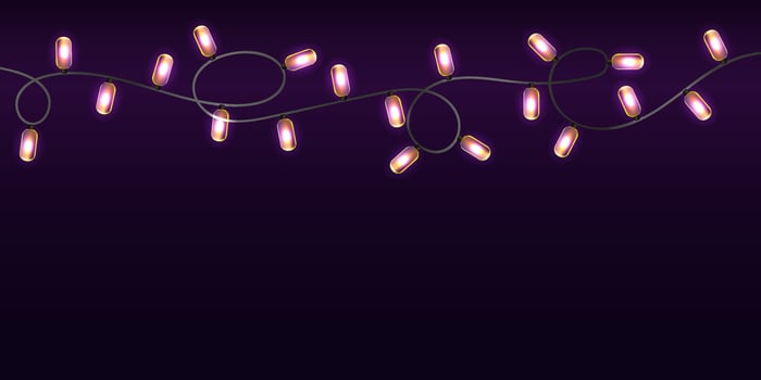 Luminous garland holiday background. Realistic lamps on the cable. Vector design.