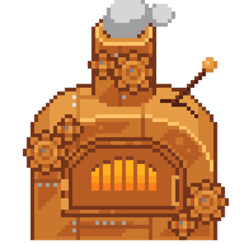An 8-bit retro-styled pixel-art illustration of a bronze steampunk furnace. png