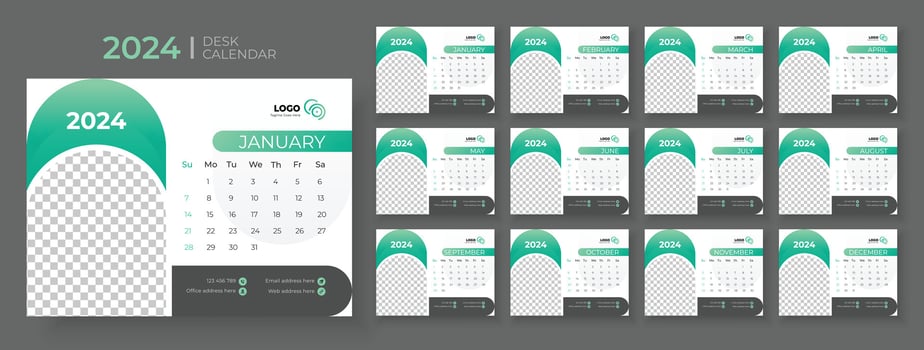 Desk calendar template 2024, Week Starts on sunday, Planner for 2024 year, template for annual calendar 2024 vector