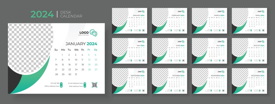 Desk Calendar 2024 template design, Office Calendar 2024,Week Starts on sunday, Planner for 2024 year, template for annual calendar 2024 vector