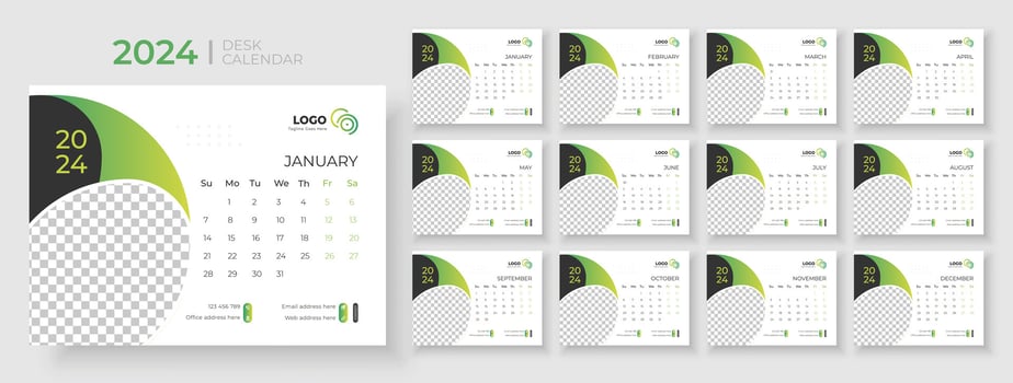Desk Calendar 2024 template design, Office Calendar 2024,Week Starts on sunday, Planner for 2024 year, template for annual calendar 2024 vector