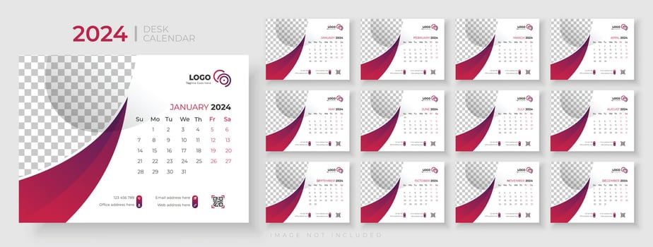 Desk Calendar 2024 template design, Office Calendar 2024,Week Starts on sunday, Planner for 2024 year, template for annual calendar 2024 vector