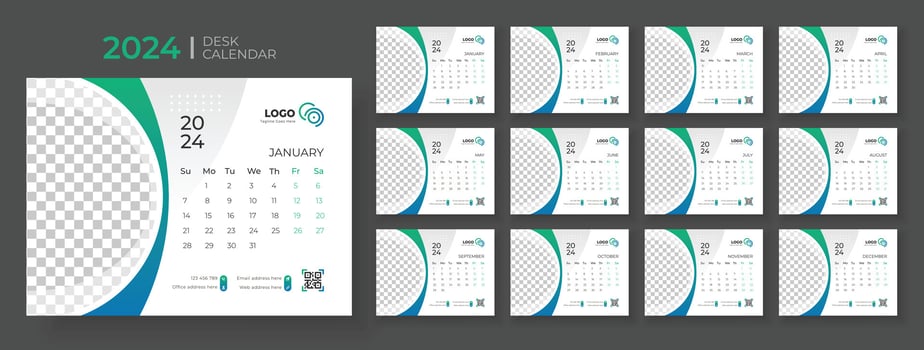 Desk calendar template 2024, Week Starts on sunday, Office Calendar 2024 vector