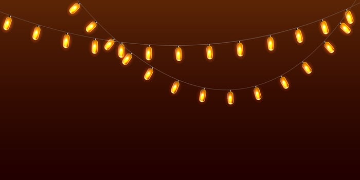 Luminous electric garland on brown background. Realistic lamps hanging on the cable. Vector design.