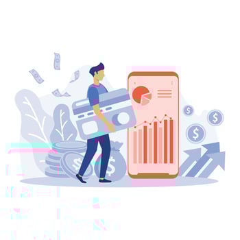 Virtual finance concept. Man manages personal finances in personal account, analyzes bank data.  flat vector modern illustration