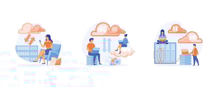 Cloud storage concept, information hosting technology, data storage and backup, Cloud data server, set flat vector modern illustration