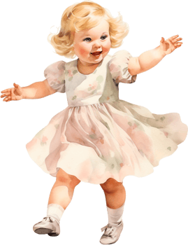 watercolor vintage style illustration, cute little girl dancing, child, doll, clip art isolated on white background png