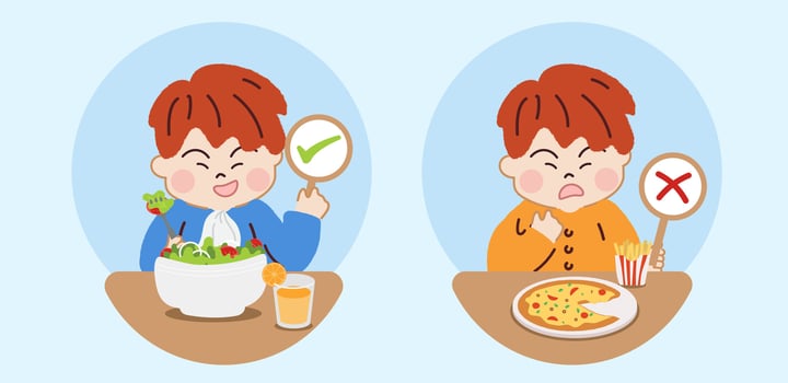 Kids eating Healthy vs unhealthy food. choice between good and bad nutrition. vector