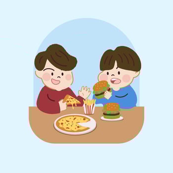 Kids Eating Fast Food, Hamburger, Pizza, Fries. Unhealthy Food nutrition. vector