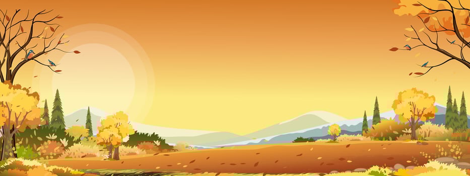 Autumn panorama landscape farm field with orange sky, Beautiful sunset in Autumn countryside panorama view with yellow foliage,Vector cartoon Fall season with copy space for banner background vector