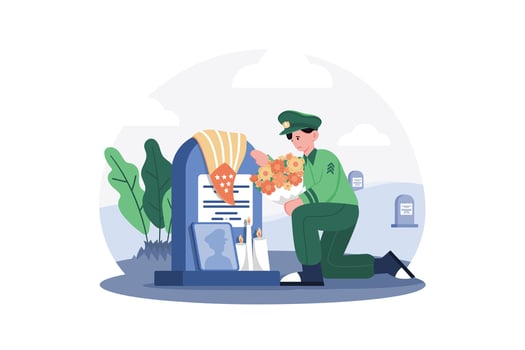Graves Are Decorated With Flags And Flowers. vector