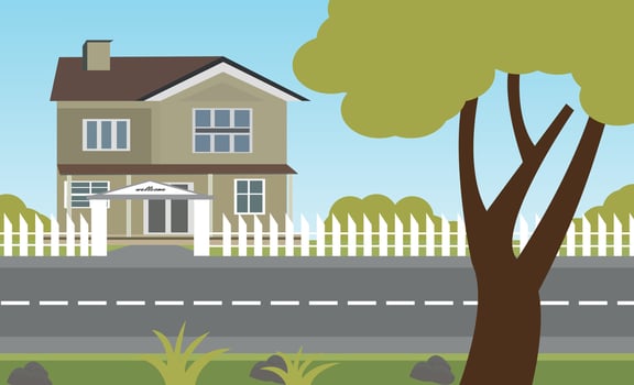 Suburban houses, street with cottages with garages. A street of houses with green trees and a road in perspective. Village. Vector illustration in cartoon style.