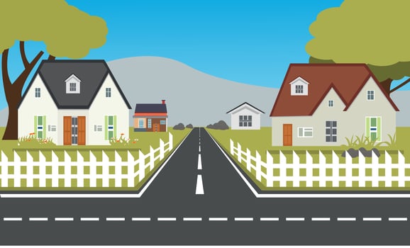 Suburban houses, street with cottages with garages. A street of houses with green trees and a road in perspective. Village. Vector illustration in cartoon style.