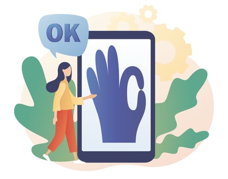 Hand gesture Okay on smartphone screen. OK sign. Communication gestures concept. Modern flat cartoon style. Vector illustration on white background