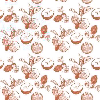 Apples on a branch with leaves, whole and cut. Vector pattern with apples on a white background. Design for covers, textiles, wrapping paper, clothes.