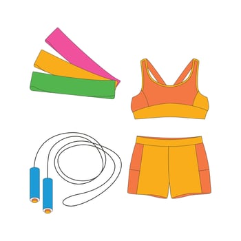 Sports top, shorts, sportswear, jump rope, rubber bands for training. Sport equipment. Fitness inventory. vector
