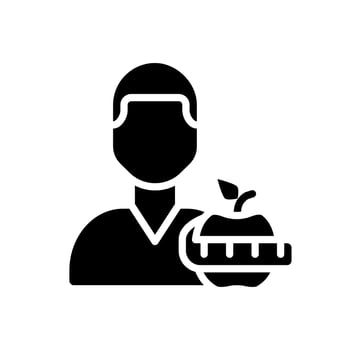 Dietitian service black glyph icon. Healthy nutrition. Weight management. Dieting. Nutritionist service.Silhouette symbol on white space. Solid pictogram. Vector isolated illustration