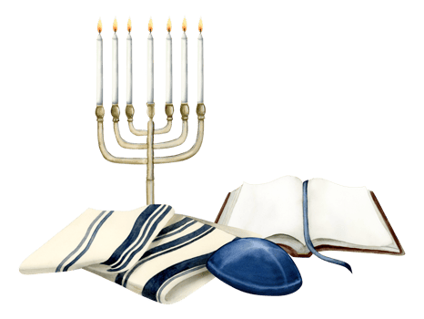 Shabbat prayer or Yom Kippur greeting card template for Jewish holiday with Torah book, menorah, kippah and tallit. Gmar hatimah tovah watercolor illustration png