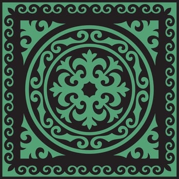 Vector green with black Square Kazakh national ornament. Ethnic pattern of the peoples of the Great Steppe, Mongols, Kyrgyz, Kalmyks, Buryats