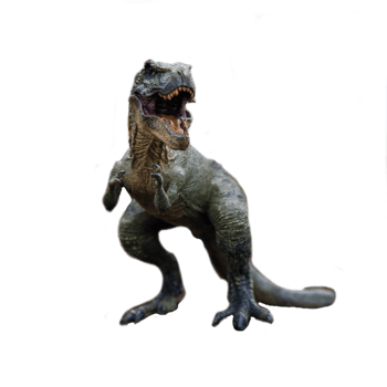 An extreme closeup view of an ominous T-Rex dinosaur figurine isolated against a clean white background. Monstrous animal with sharp teeth. png