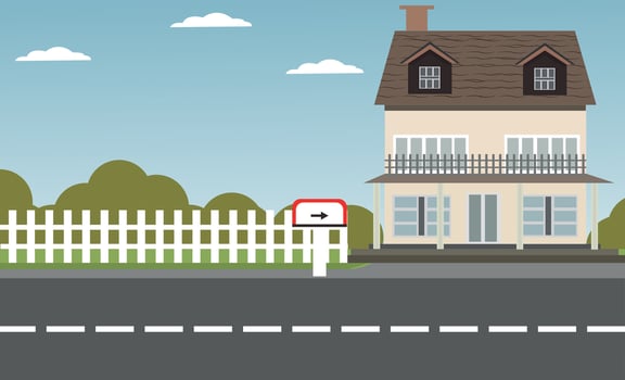 Suburban houses, street with cottages with garages. A street of houses with green trees and a road in perspective. Village. Vector illustration in cartoon style.
