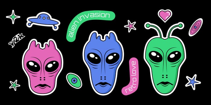 Three alien heads, vector retro sticker set, y2k graphics, futuristic labels, ufo, stars, galaxy, space objects.