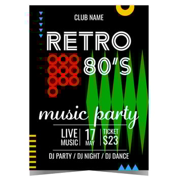 Retro music party vector illustration with 80's vintage graphic elements on black background. Retro music concert promo poster or banner, invitation leaflet or flyer for disco dance club event.