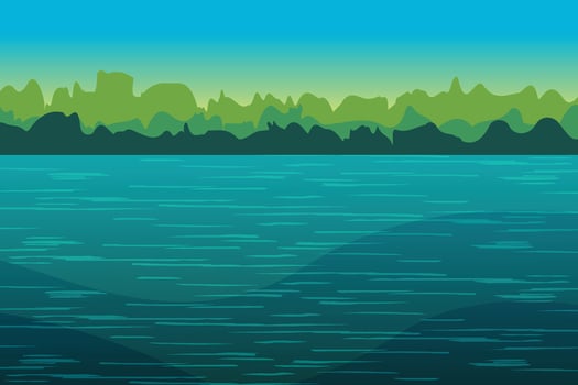 Natural landscape environment view with rock mountains, big sky, and lake or seawater vector