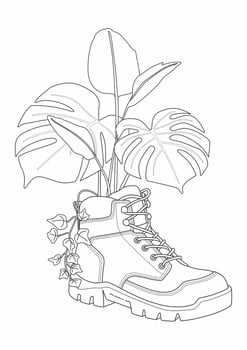 Doodle coloring page plant growing on the boots vector