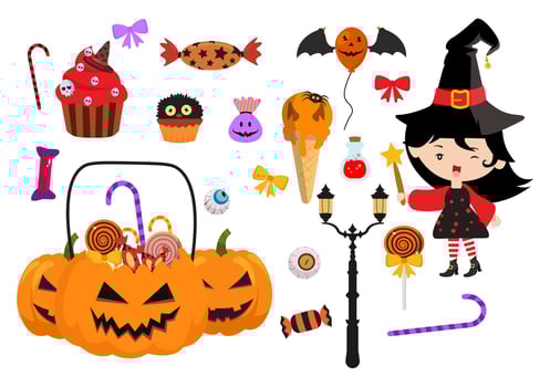 Set Halloween Elements Vector Illustration with Various Kinds of Things like Ghosts, Pumpkins, Skulls, Candies and More Cartoon Background Templates