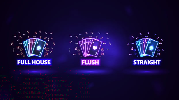 Neon poker hand rankings logos set. Pink and blue shine neon casino playing cards with poker chips vector